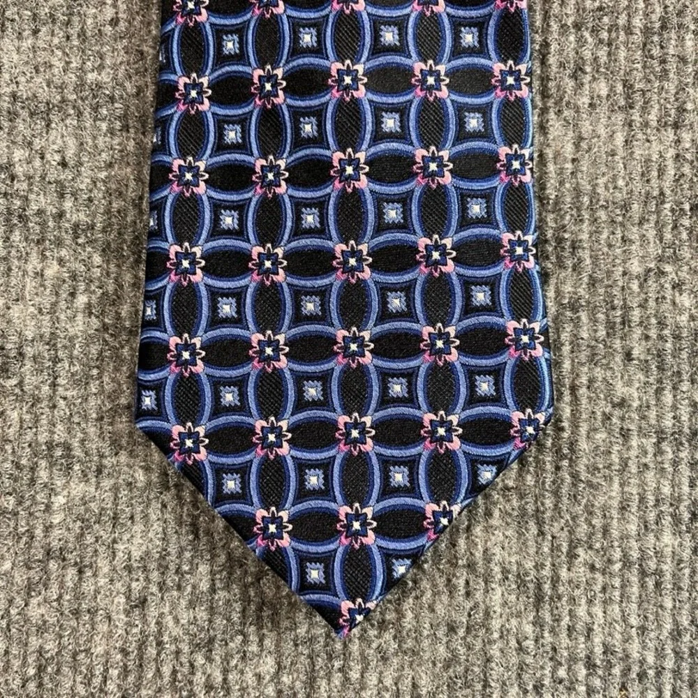 Bruno Piattelli Roma Silk Tie Blue Pink Geometric Floral Medallion Hand Made